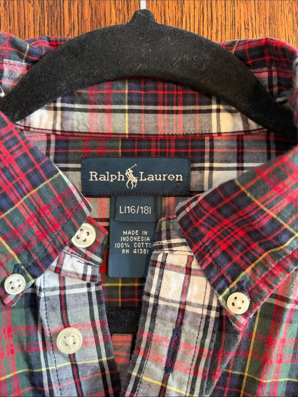 Ralph Lauren Red Blue Green Plaid Button-Down Shirt Large 16/18  Kids Cotton